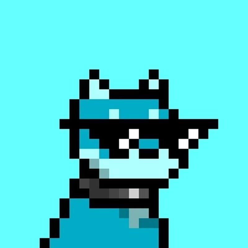 Official CrashMetaX cyan-background pixel dog with sunglasses — Crash (@CrashMetaX)